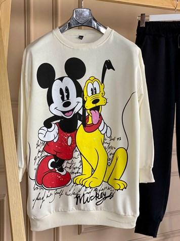 Çizgi Kahraman Baskı Detaylı Tunik Sweat (Beyaz)