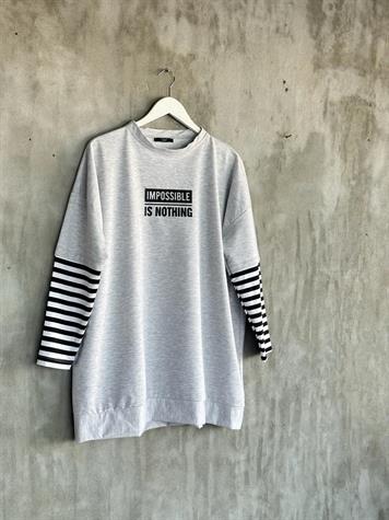 Çizgi Kollu Oversize Tunik (Gri)