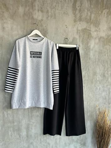 Çizgi Kollu Oversize Tunik (Gri)