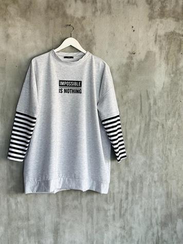 Çizgi Kollu Oversize Tunik (Gri)