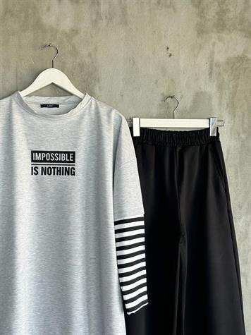 Çizgi Kollu Oversize Tunik (Gri)