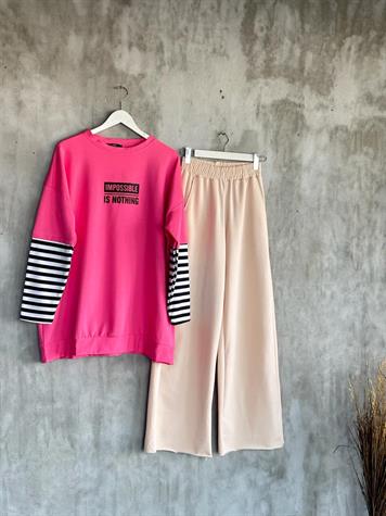 Çizgi Kollu Oversize Tunik (Pembe)