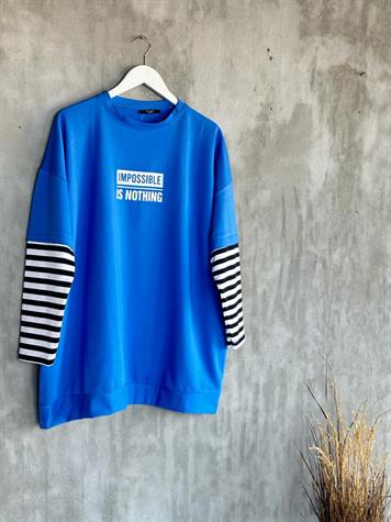 Çizgi Kollu Oversize Tunik (Saks)