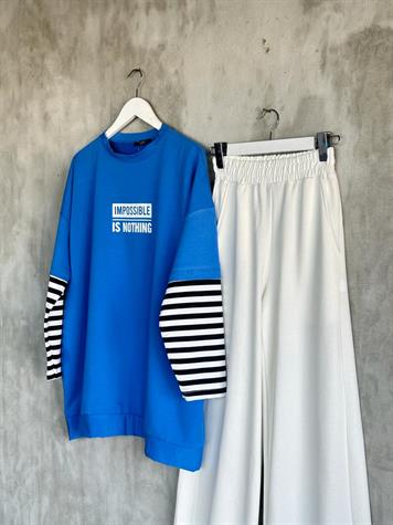 Çizgi Kollu Oversize Tunik (Saks)