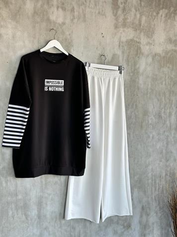Çizgi Kollu Oversize Tunik (Siyah)