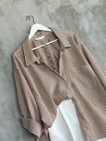 Çizgili Düşük Omuzlu Oversize Gömlek (Kahve)