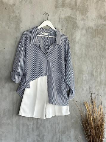 Çizgili Düşük Omuzlu Oversize Gömlek (Lacivert)