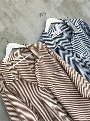 Çizgili Düşük Omuzlu Oversize Gömlek (Lacivert)