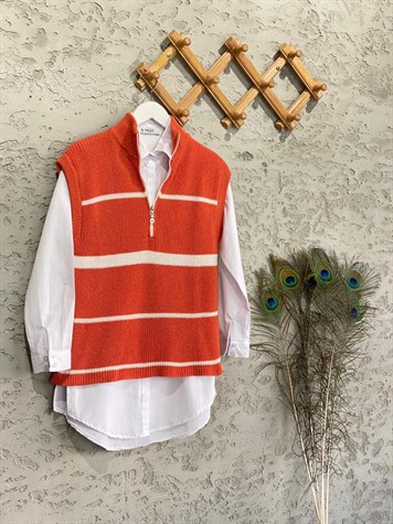 Çizgili Fermuarlı Süveter (Oranj)