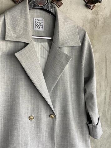 Çizgili Oversize Gold Düğmeli Ceket (Gri)