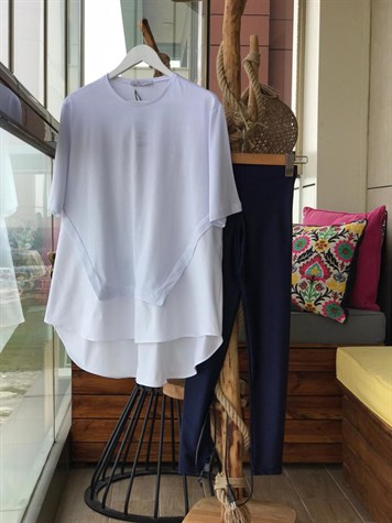 Coton Kumaş Detaylı Asimetrik Tshirt (BEYAZ)