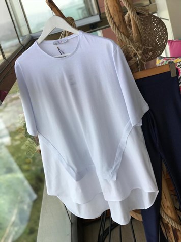 Coton Kumaş Detaylı Asimetrik Tshirt (BEYAZ)