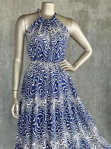 Dalga Desenli Halter Yaka Elbise (Mavi)