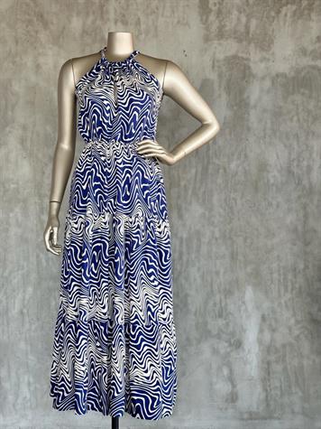 Dalga Desenli Halter Yaka Elbise (Mavi)