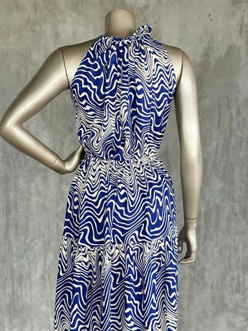 Dalga Desenli Halter Yaka Elbise (Mavi)