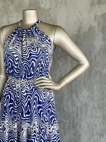 Dalga Desenli Halter Yaka Elbise (Mavi)