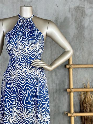 Dalga Desenli Halter Yaka Elbise (Mavi)
