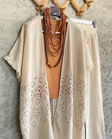Dantel Güpürlü Keten Kaftan (Ekru)