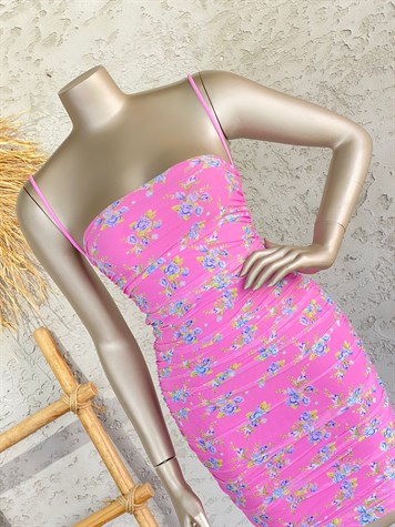 Büzgülü Mini Tül Elbise (Açık Pembe)
