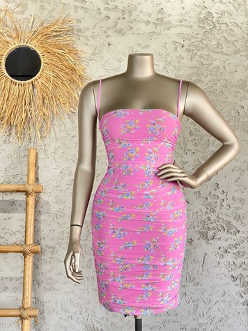 Büzgülü Mini Tül Elbise (Açık Pembe)