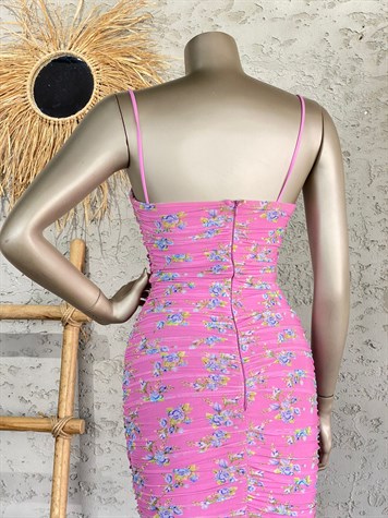 Büzgülü Mini Tül Elbise (Açık Pembe)
