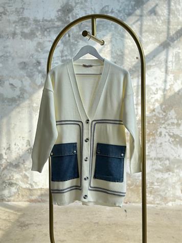 Denim Cep Detaylı Hırka (Ekru)