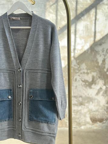 Denim Cep Detaylı Hırka (Gri)