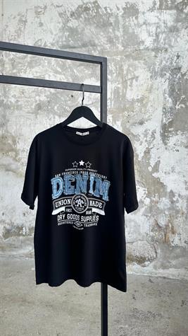 Denim Detaylı Pul Payet İşlemeli Tişört (Siyah)