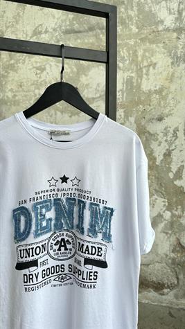 Denim Detaylı Pul Payet İşlemeli Tişört (Beyaz)