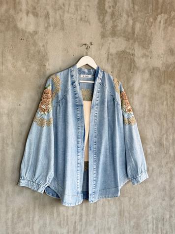 Denim Full Nakışlı Oversize Kimono (Buz Mavisi)