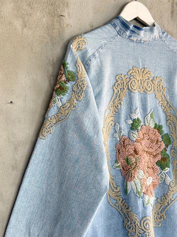 Denim Full Nakışlı Oversize Kimono (Buz Mavisi)