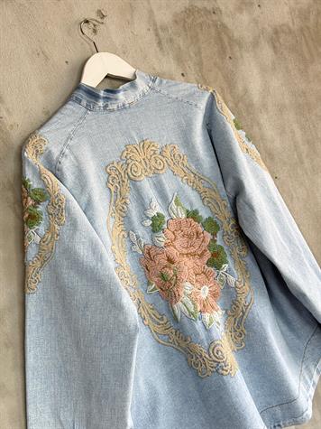 Denim Full Nakışlı Oversize Kimono (Buz Mavisi)