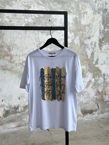 Denim Kot Detaylı Varak Baskılı Tişört (Siyah/Beyaz)