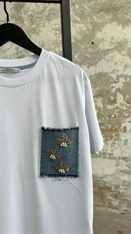 Denim Kot Ve Kristal Taş İşçilikli Cep Detaylı Tişört (Beyaz)