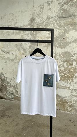 Denim Kot Ve Kristal Taş İşçilikli Cep Detaylı Tişört (Beyaz)