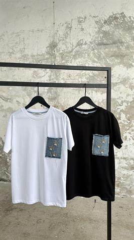 Denim Kot Ve Kristal Taş İşçilikli Cep Detaylı Tişört (Beyaz)