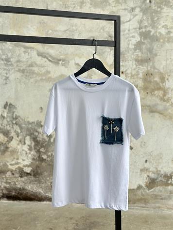 Denim Kot Ve Salkım Kristal Taş İşçilikli Cep Detaylı Tişört (Beyaz)