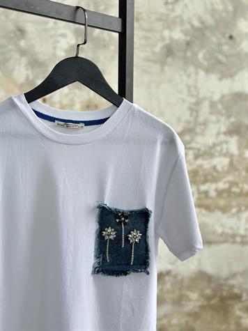 Denim Kot Ve Salkım Kristal Taş İşçilikli Cep Detaylı Tişört (Beyaz)