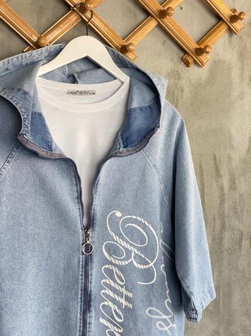 Denim Tasarım Sırt Yazı Baskılı Ceket (Mavi)