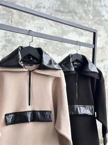 Deri Detaylı Yarım Fermuarlı Tunik Sweat (Bej)