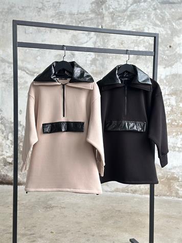 Deri Detaylı Yarım Fermuarlı Tunik Sweat (Siyah)
