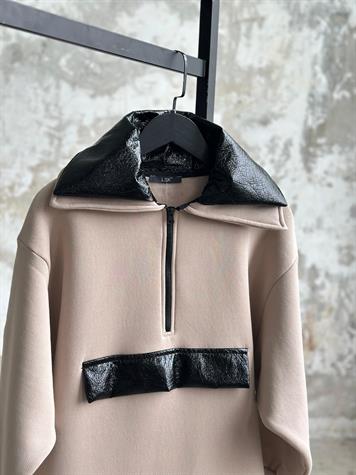 Deri Detaylı Yarım Fermuarlı Tunik Sweat (Bej)
