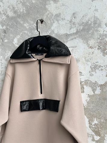 Deri Detaylı Yarım Fermuarlı Tunik Sweat (Bej)