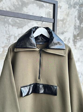 Deri Detaylı Yarım Fermuarlı Tunik Sweat (Haki)