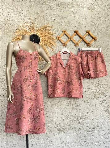 Desenli Kısa Kol Gömlek ve Beli Lastikli Şort Takım (Pudra)