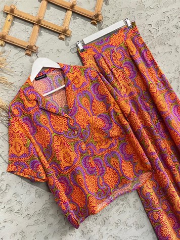 Desenli Kısa Kollu Gömlek Ve Desenli Bol Paça Pantolon (Turuncu)