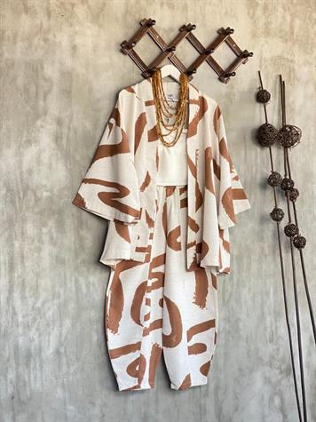 Desenli Taş Rengi Şalvar Pantolon Kimono Takım (Kahve)
