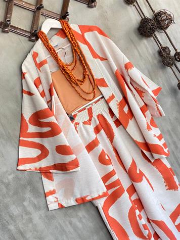 Desenli Taş Rengi Şalvar Pantolon Kimono Takım (Oranj)