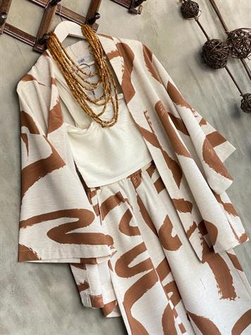 Desenli Taş Rengi Şalvar Pantolon Kimono Takım (Kahve)