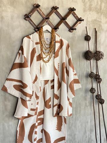 Desenli Taş Rengi Şalvar Pantolon Kimono Takım (Kahve)